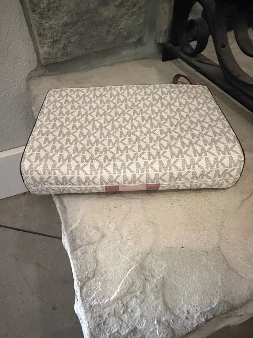 Michael Kors White Signature Logo Wristlet with Pink Stripe